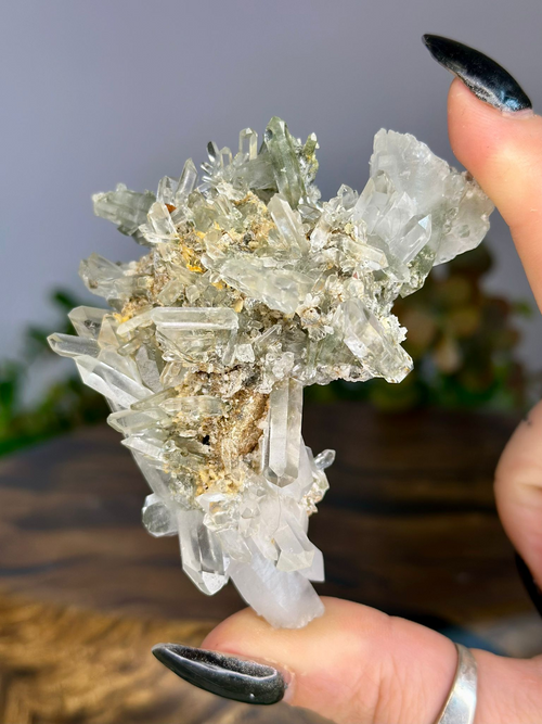 Chlorite Quartz mineral specimen showing clear terminated points and subtle green-grey inclusions.