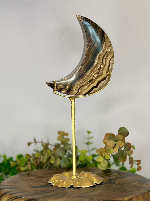 Large Chocolate Calcite crescent moon on gold stand with natural brown and cream banding