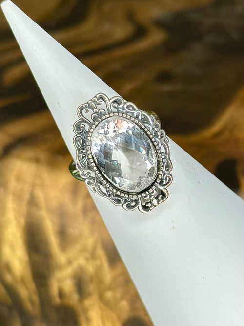 Clear Quartz ornate statement ring with faceted oval gemstone