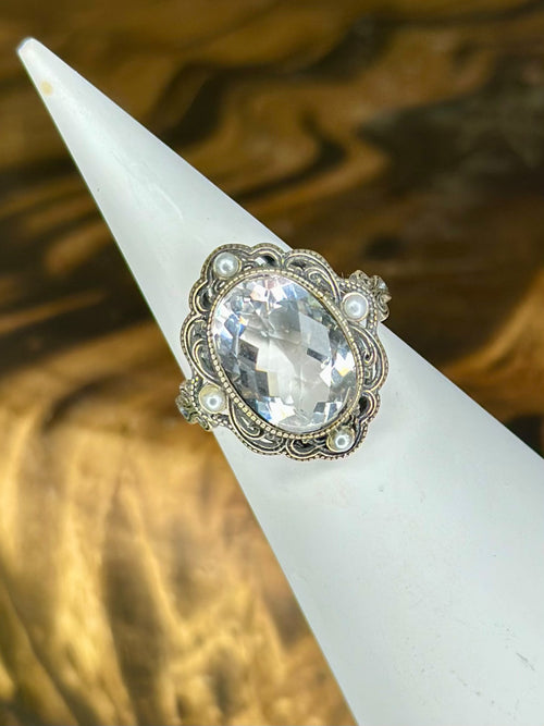 Clear Quartz faceted statement ring with ornate silver-tone and pearl-style setting