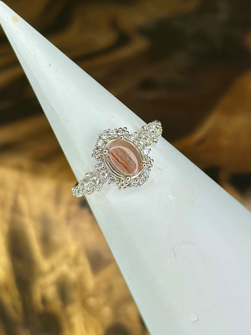 Copper Rutilated Quartz S925 sterling silver ring with copper-red needle inclusions and ornate floral setting