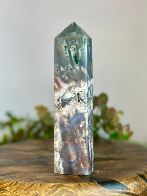 Cosmic Sea Jasper tower with blue-grey, cream and green natural mineral formations