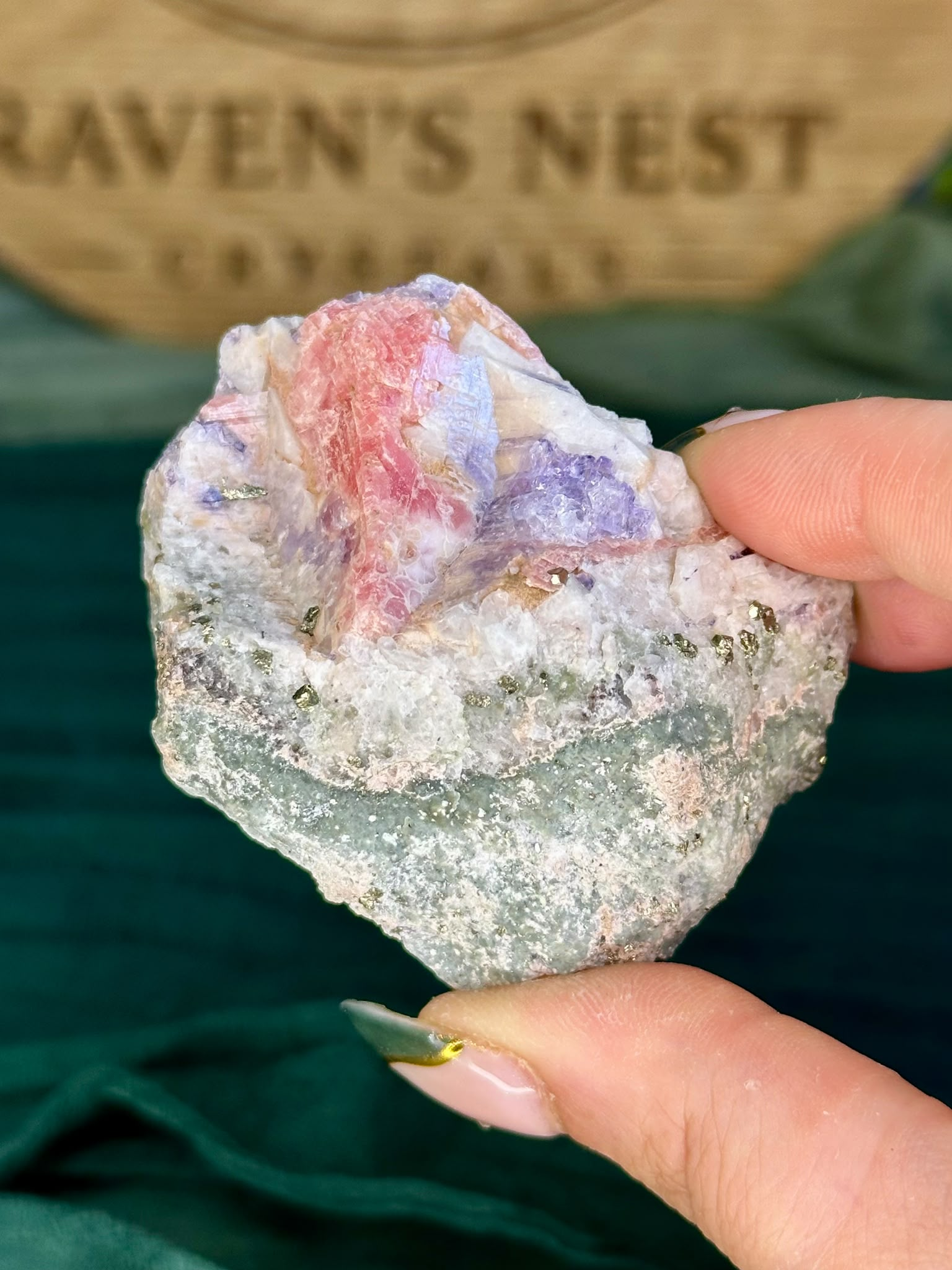 Rhodochrosite, Fluorite & Pyrite on Quartz