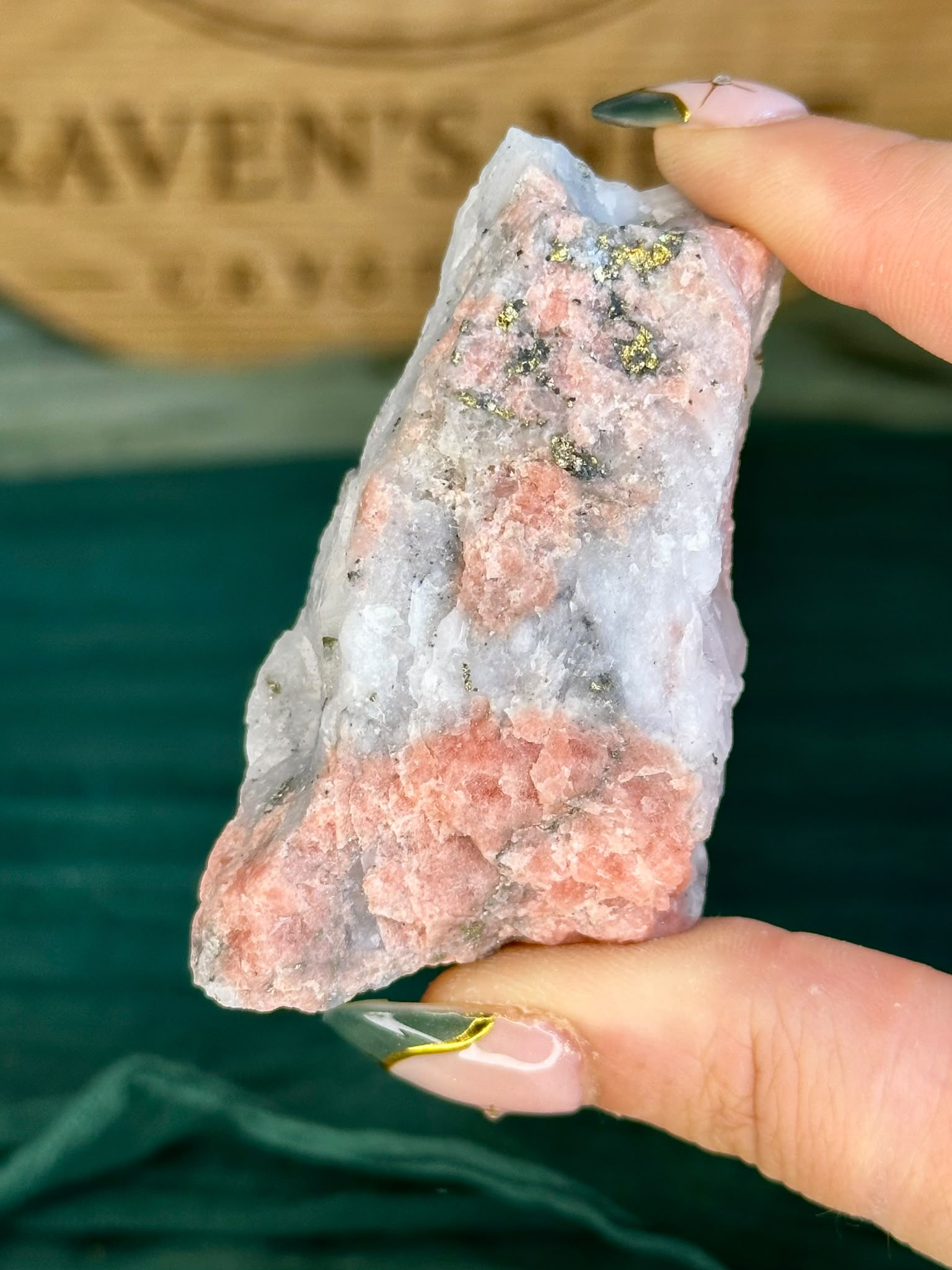 Rhodochrosite with Pyrite on Quartz