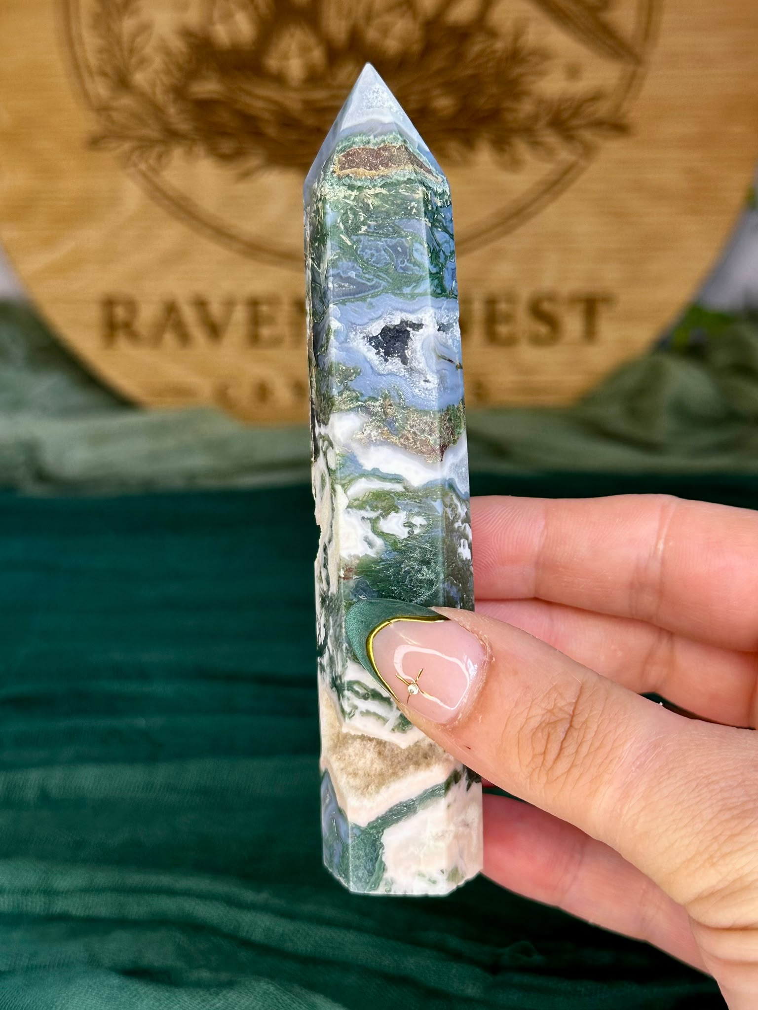 Druzy Moss Agate Tower with Pink Moss Inclusions