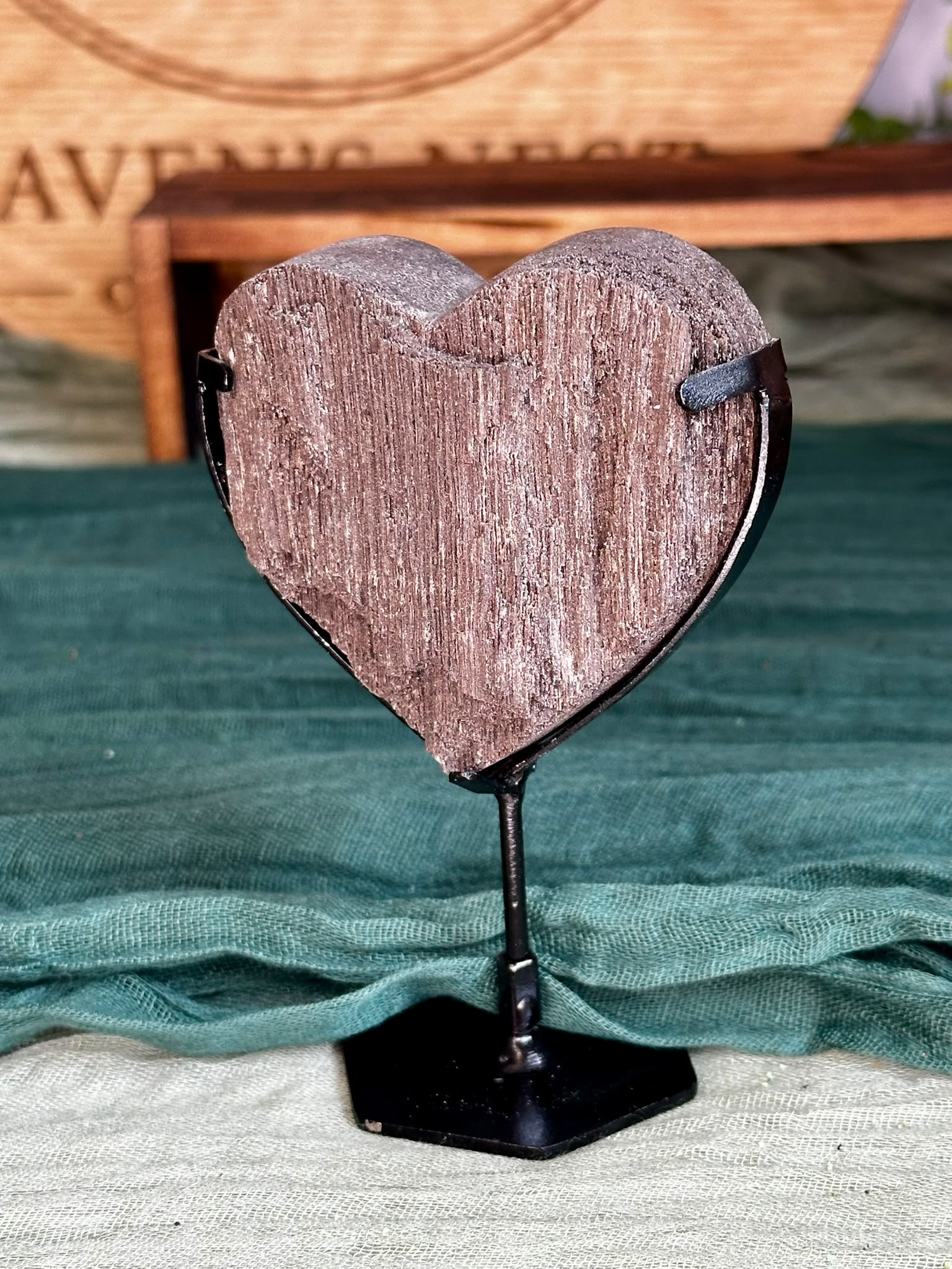 Petrified Wood Heart on Black Stand