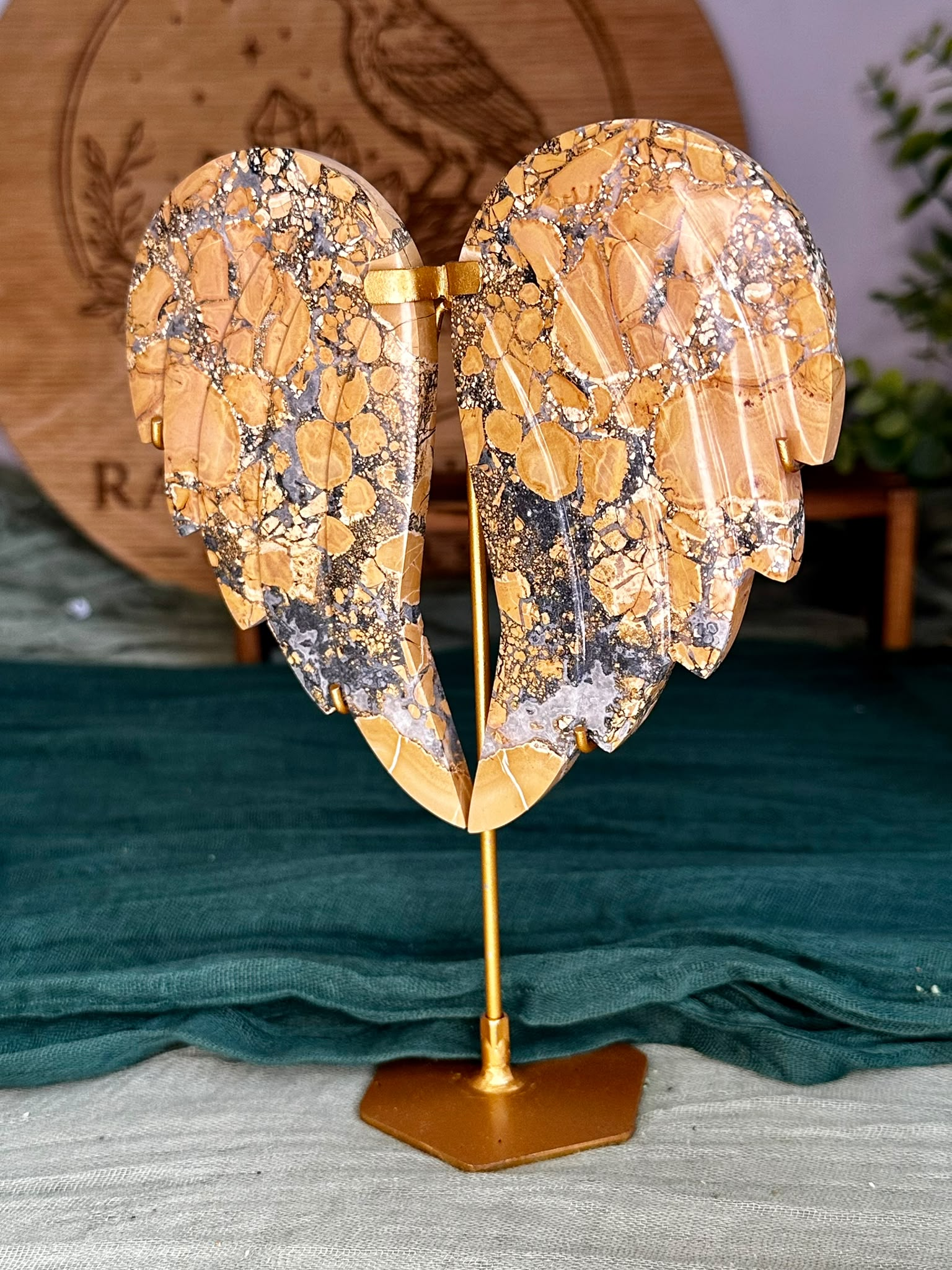 Large Yellow Maligano Jasper Angel Wings on Stand