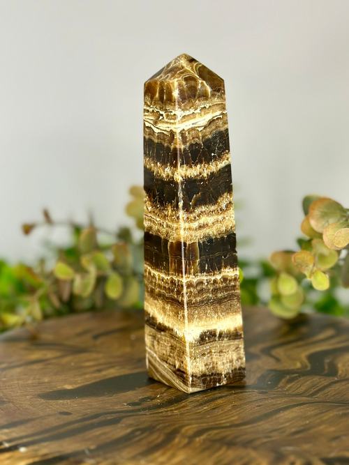 Chocolate Calcite tower from Pakistan with dark brown caramel and cream banding