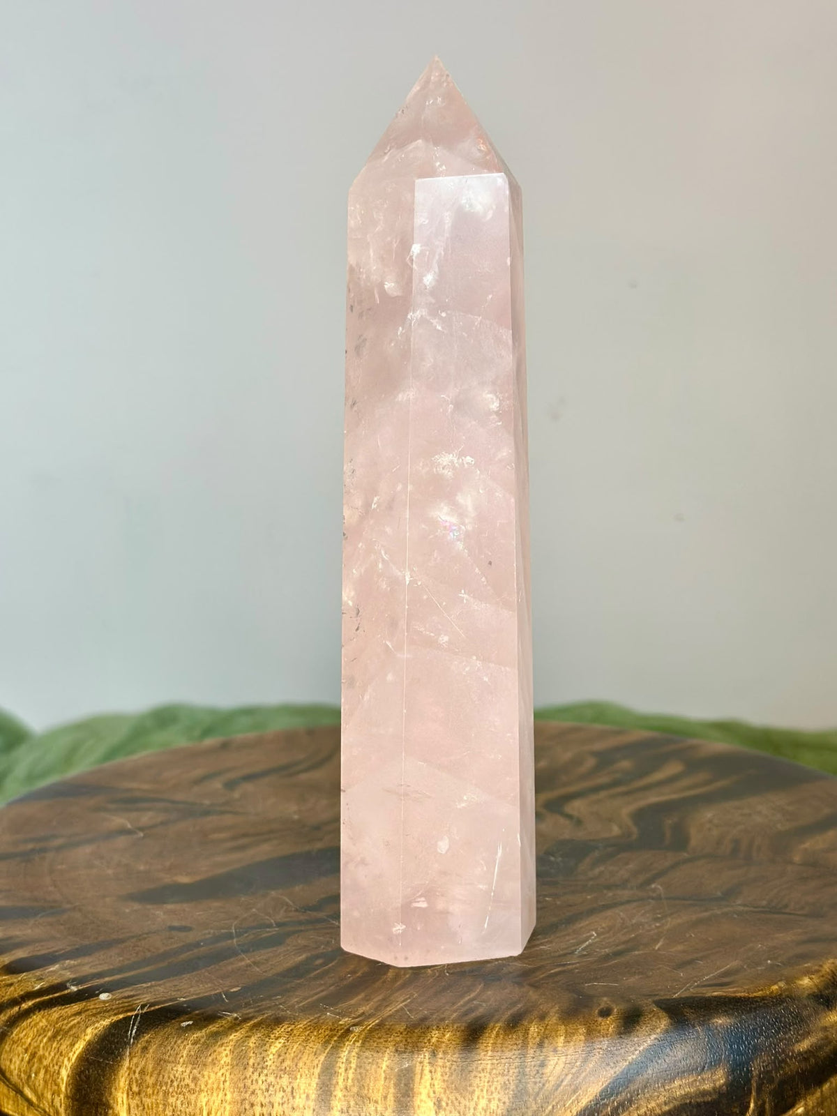 Large Brazilian Rose Quartz tower 415g with soft pink colour and polished point