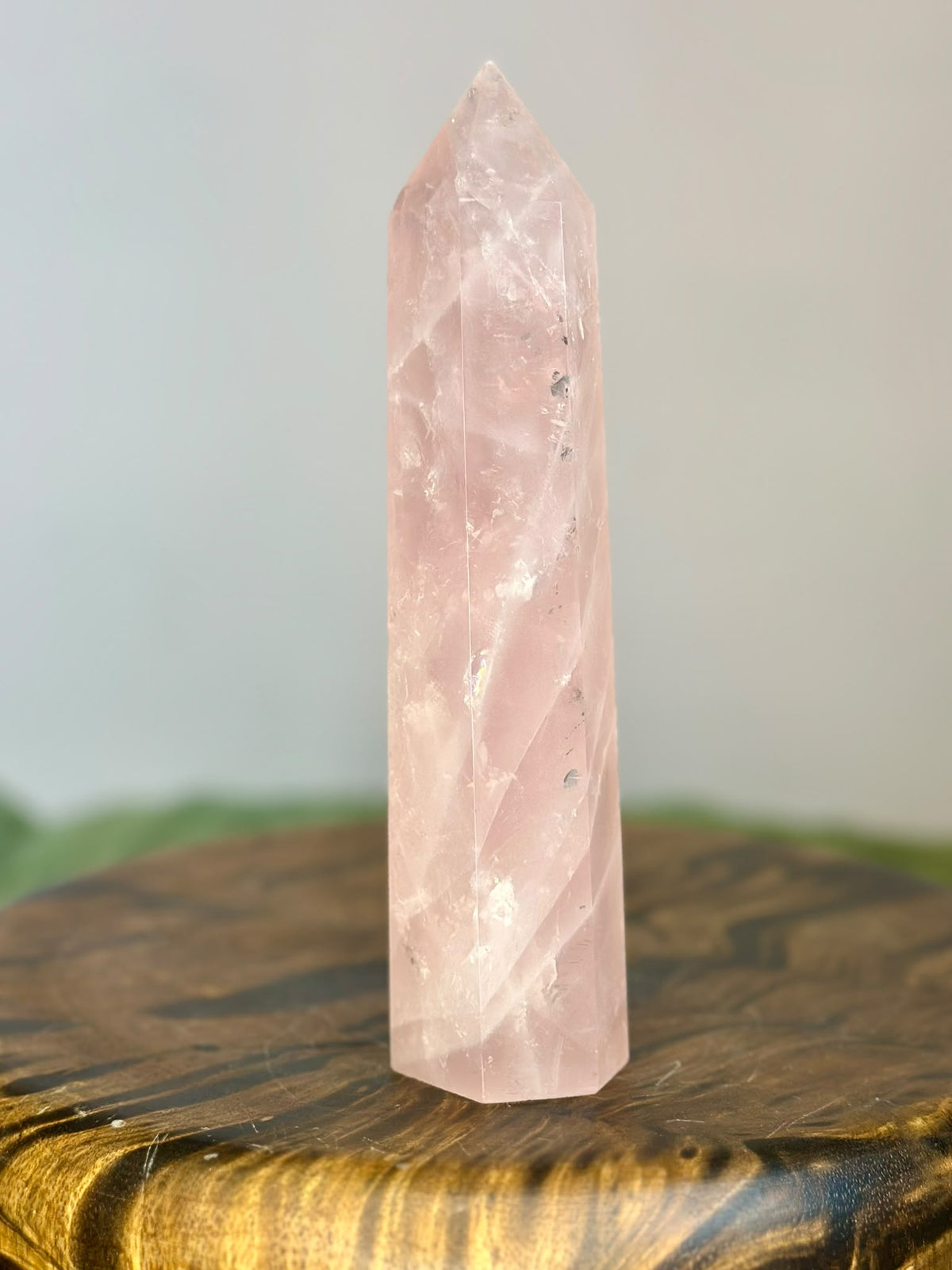 Side view of 17cm Brazilian Rose Quartz crystal tower showing natural inclusions