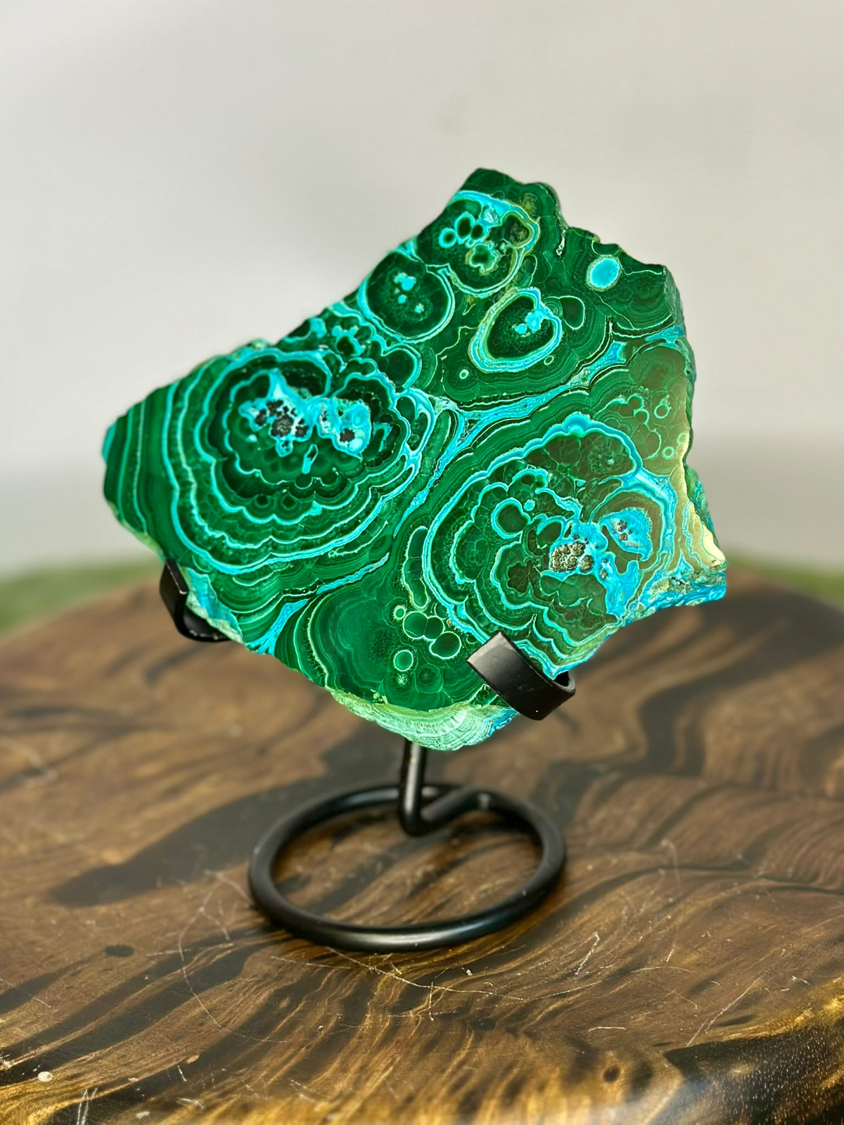 Natural Malachite and Chrysocolla specimen showing intricate green and blue patterns
