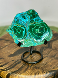 Malacholla Malachite and Chrysocolla polished display specimen on black stand