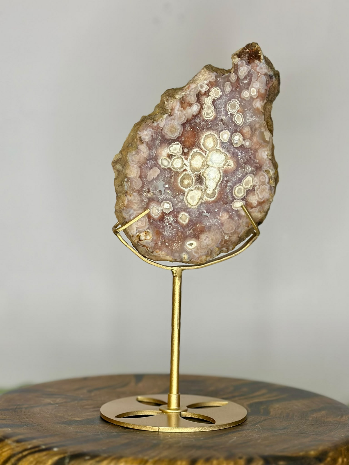 Pink Amethyst display specimen with cream botryoidal formations and sparkling druzy