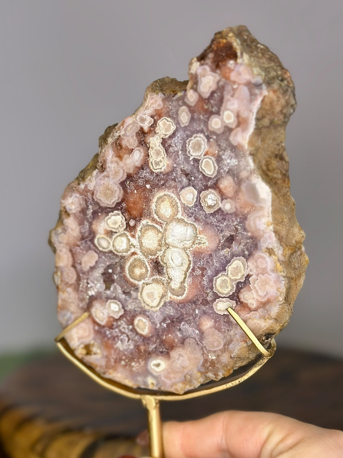 Close up of natural Pink Amethyst with pale pink druzy and floral botryoidal formations