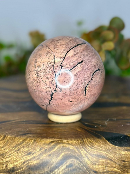 7cm Pink Picture Jasper sphere showing natural black branching patterns