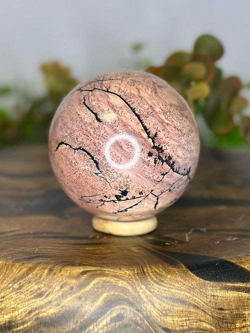 Pink Picture Jasper sphere with intricate black dendritic formations