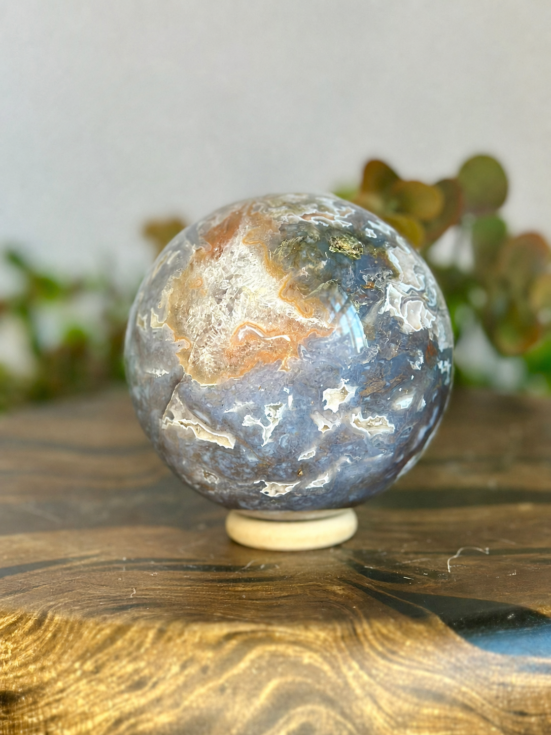 7.5cm Rainbow Moss Agate crystal sphere showing intricate mossy inclusions and natural banding