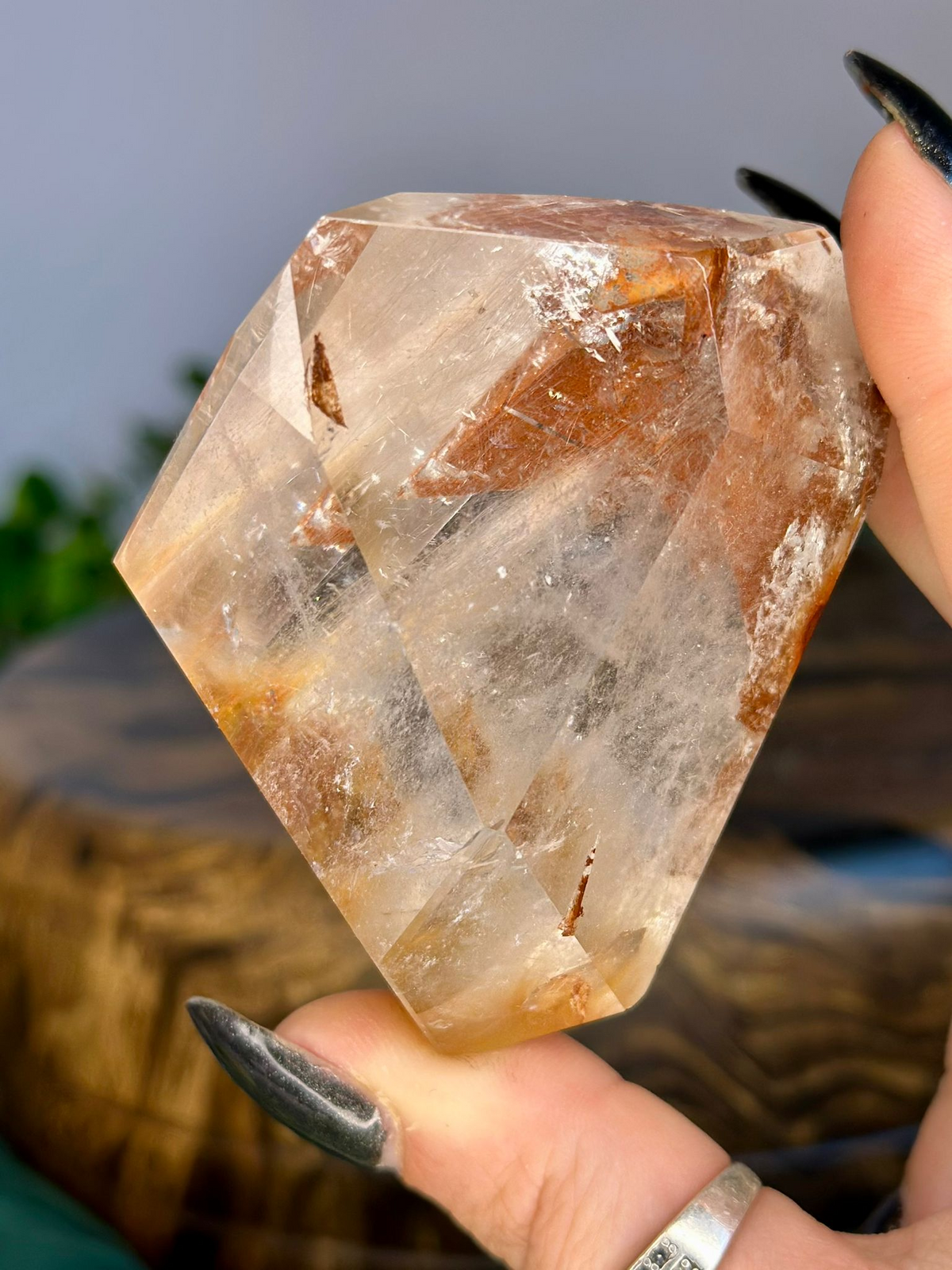 Red Rabbit Fur Quartz freeform with rust-red mineral inclusions through clear quartz