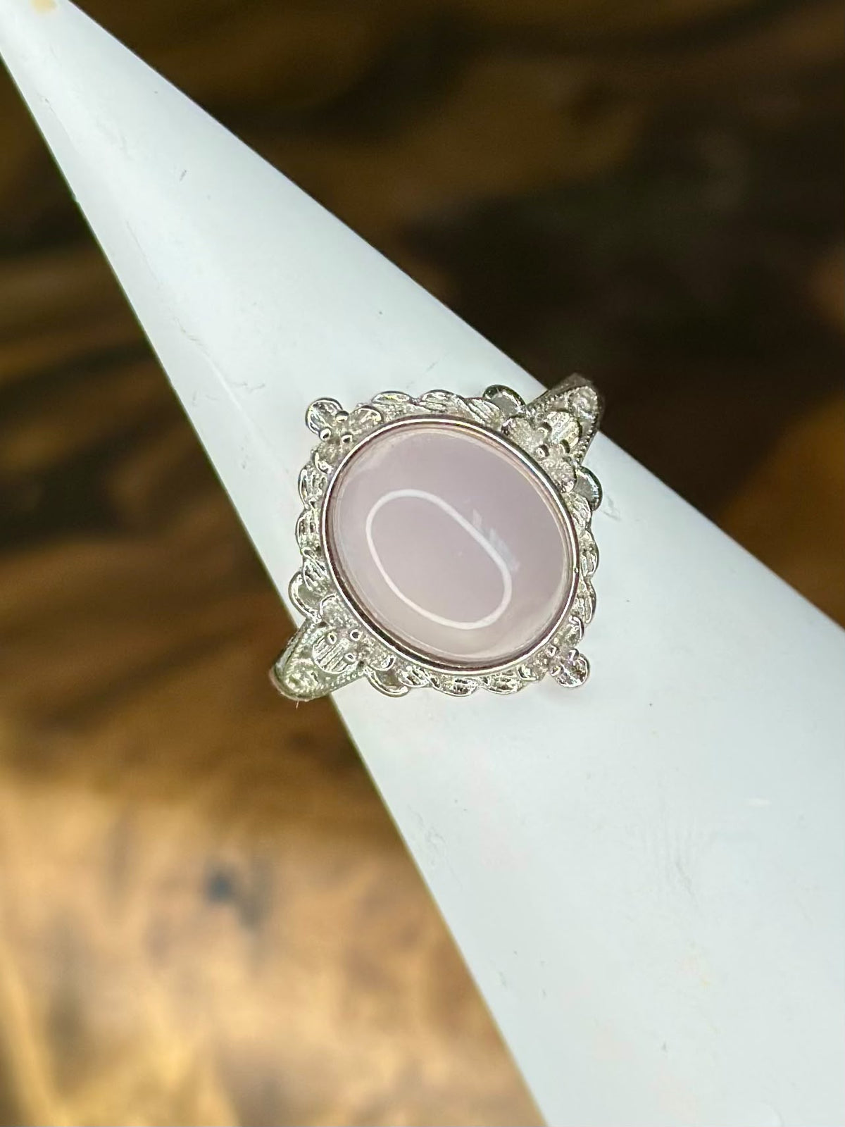 Rose Quartz floral statement ring with polished oval pink crystal