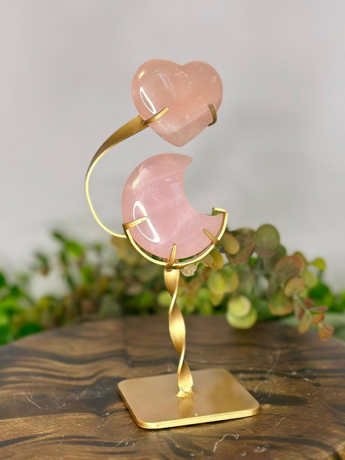 Rose Quartz crescent moon and heart celestial crystal display on gold stand