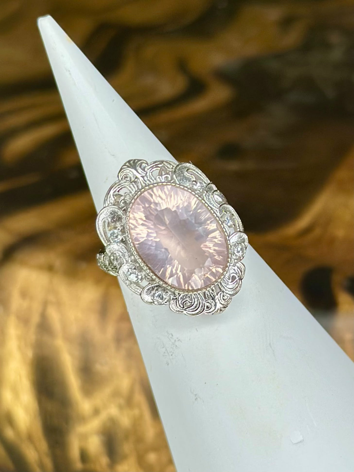 Faceted Rose Quartz ornate statement ring with oval pink gemstone