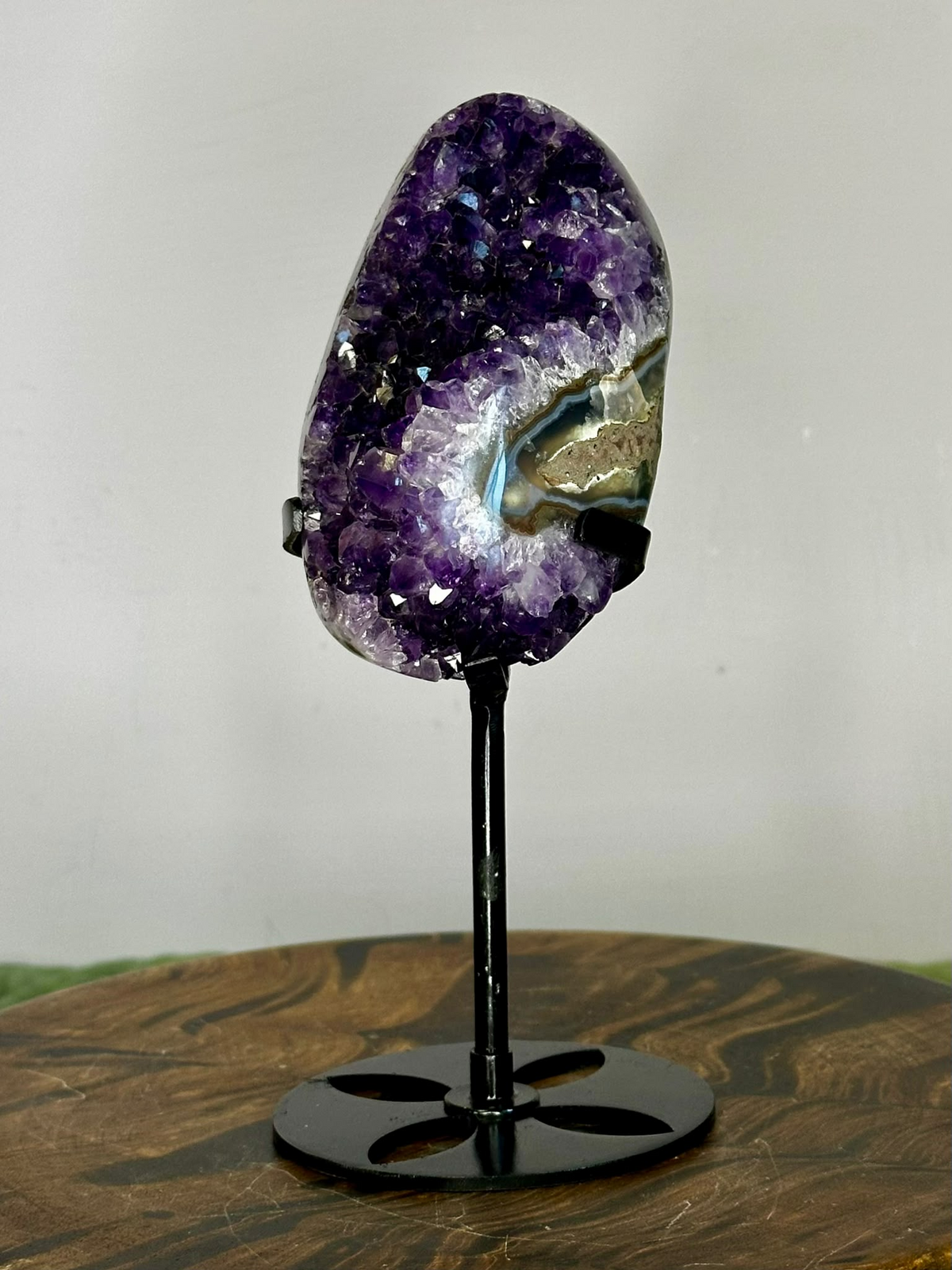 Uruguayan Amethyst display specimen with purple crystals and natural Agate banding