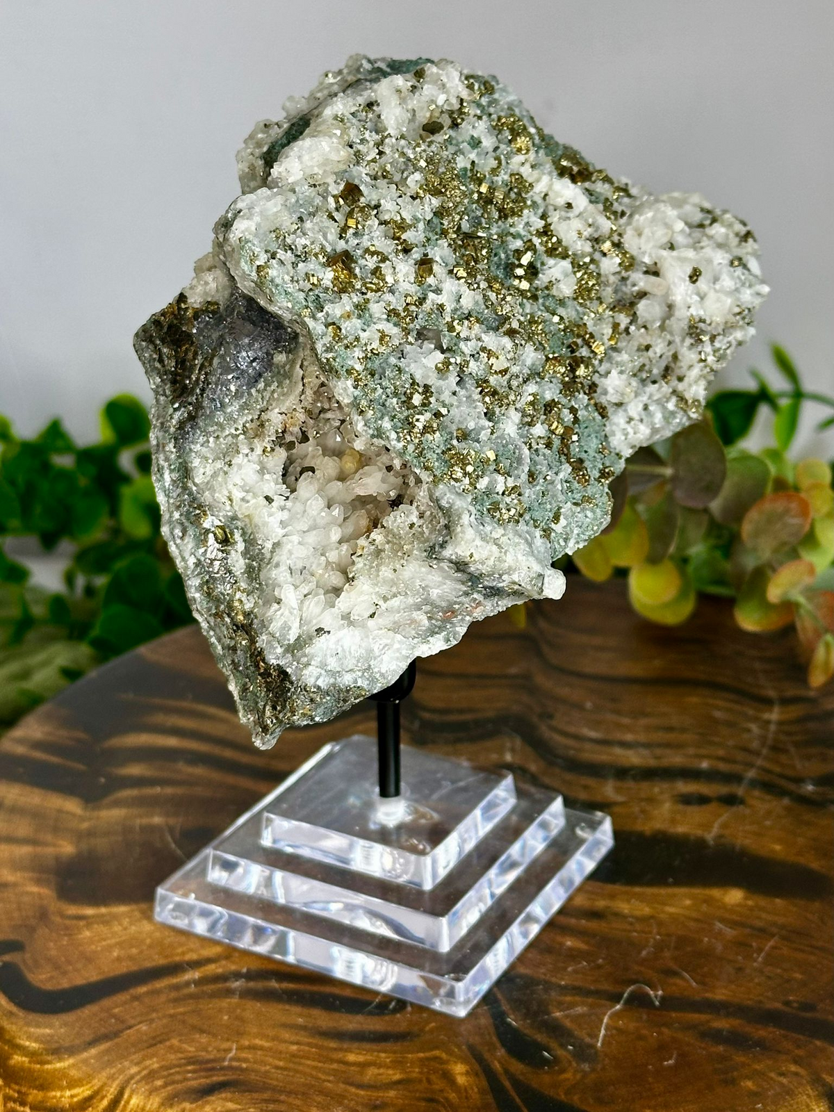 Side view of XL Pyrite and Quartz specimen showing natural crystal pocket and display stand
